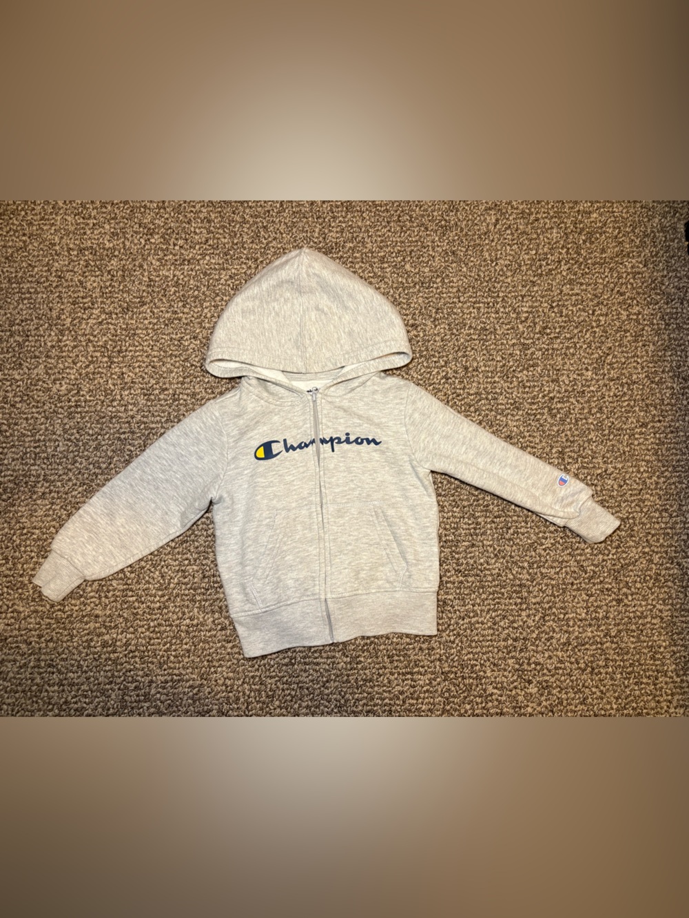 Champion Light Gray Kids Zip Hoodie with Navy Logo